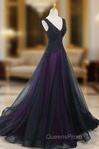 Black Tulle A-Line V-Neck Purple Satin Lace Applique Long Evening Prom Dress With Beadings