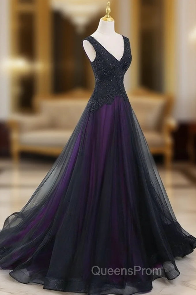 Black Tulle A-Line V-Neck Purple Satin Lace Applique Long Evening Prom Dress With Beadings
