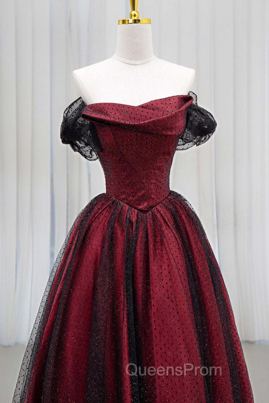 Black Tulle And Burgundy Satin Long Evening Prom Dress, Charming A-Line Party Dress Secondary image