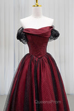 Black Tulle And Burgundy Satin Long Evening Prom Dress, Charming A-Line Party Dress
