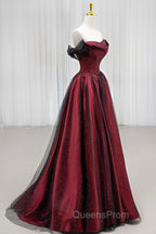 Black Tulle And Burgundy Satin Long Evening Prom Dress, Charming A-Line Party Dress