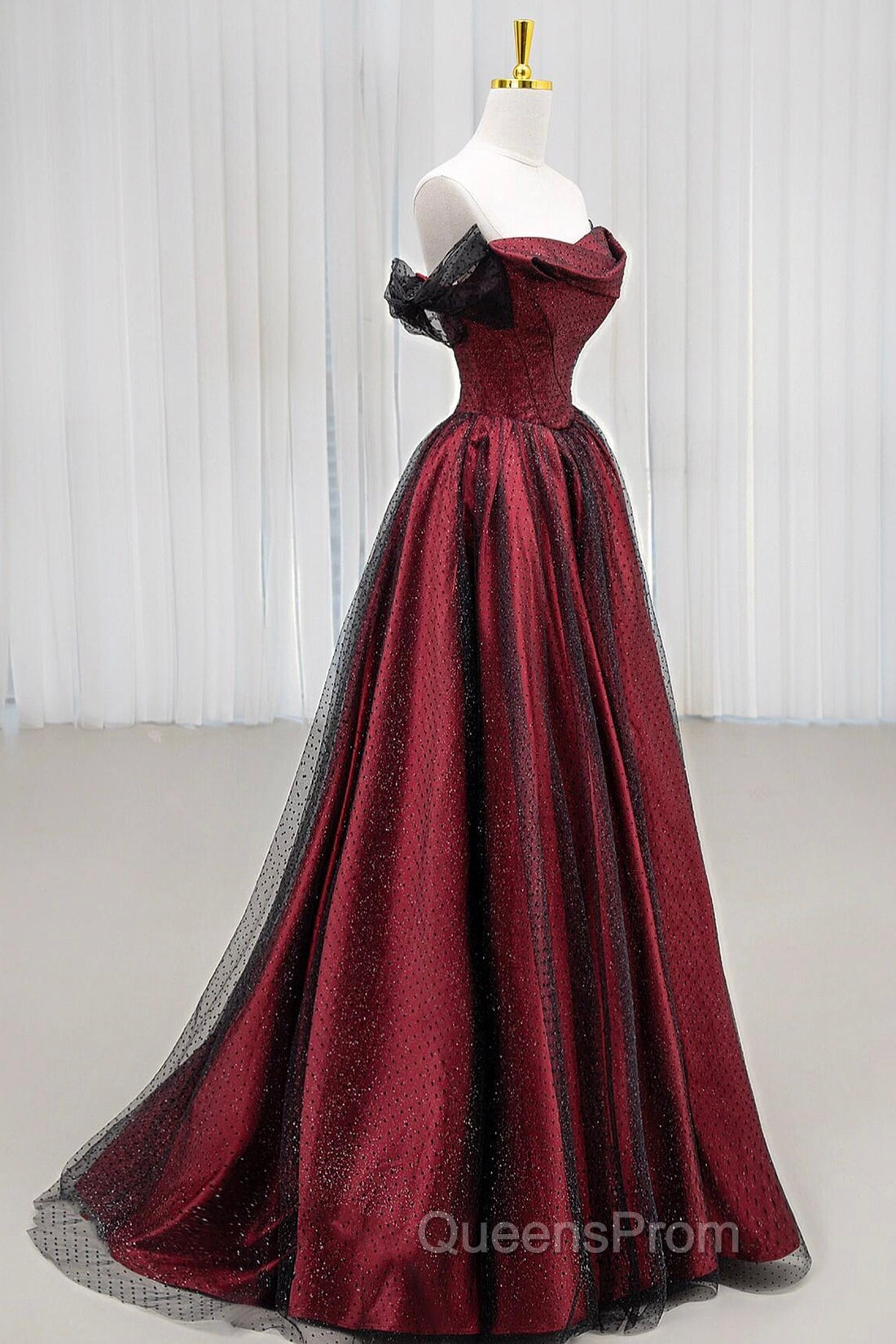 Black Tulle And Burgundy Satin Long Evening Prom Dress, Charming A-Line Party Dress