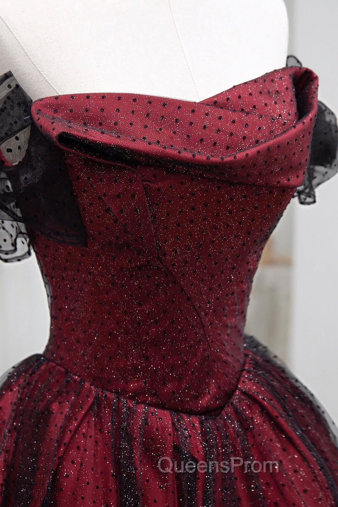 Black Tulle And Burgundy Satin Long Evening Prom Dress, Charming A-Line Party Dress