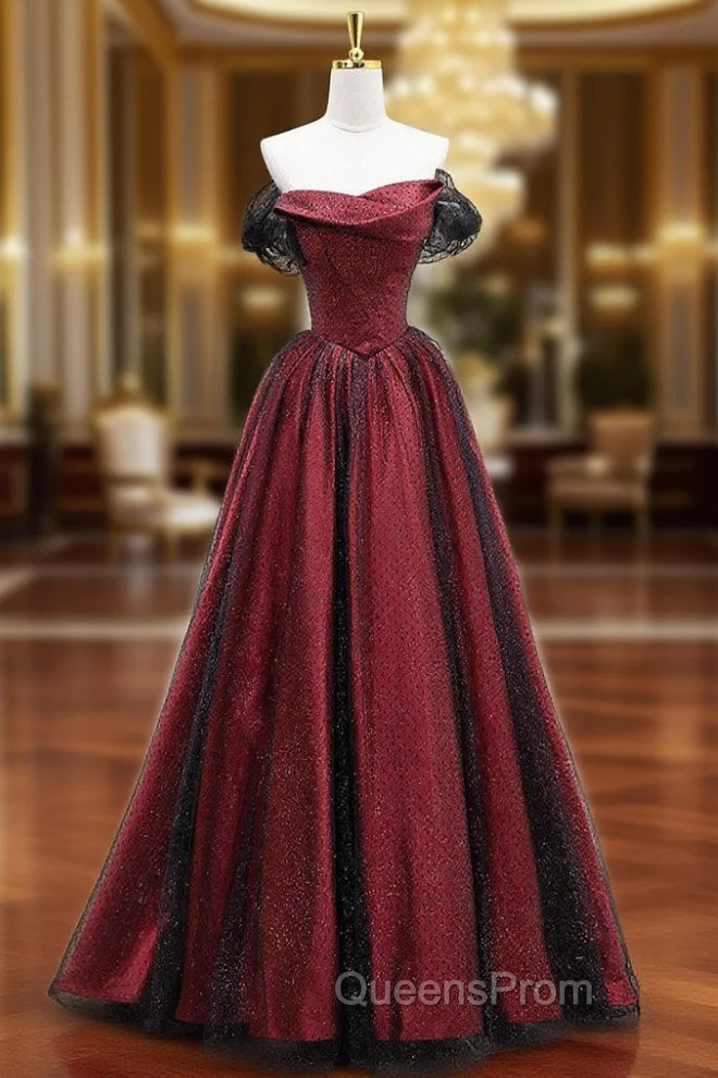 Black Tulle And Burgundy Satin Long Evening Prom Dress, Charming A-Line Party Dress Main image