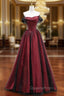 Black Tulle And Burgundy Satin Long Evening Prom Dress, Charming A-Line Party Dress
