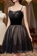 Black Tulle and Lace Straps Short Party Dress, Black Homecoming Dress