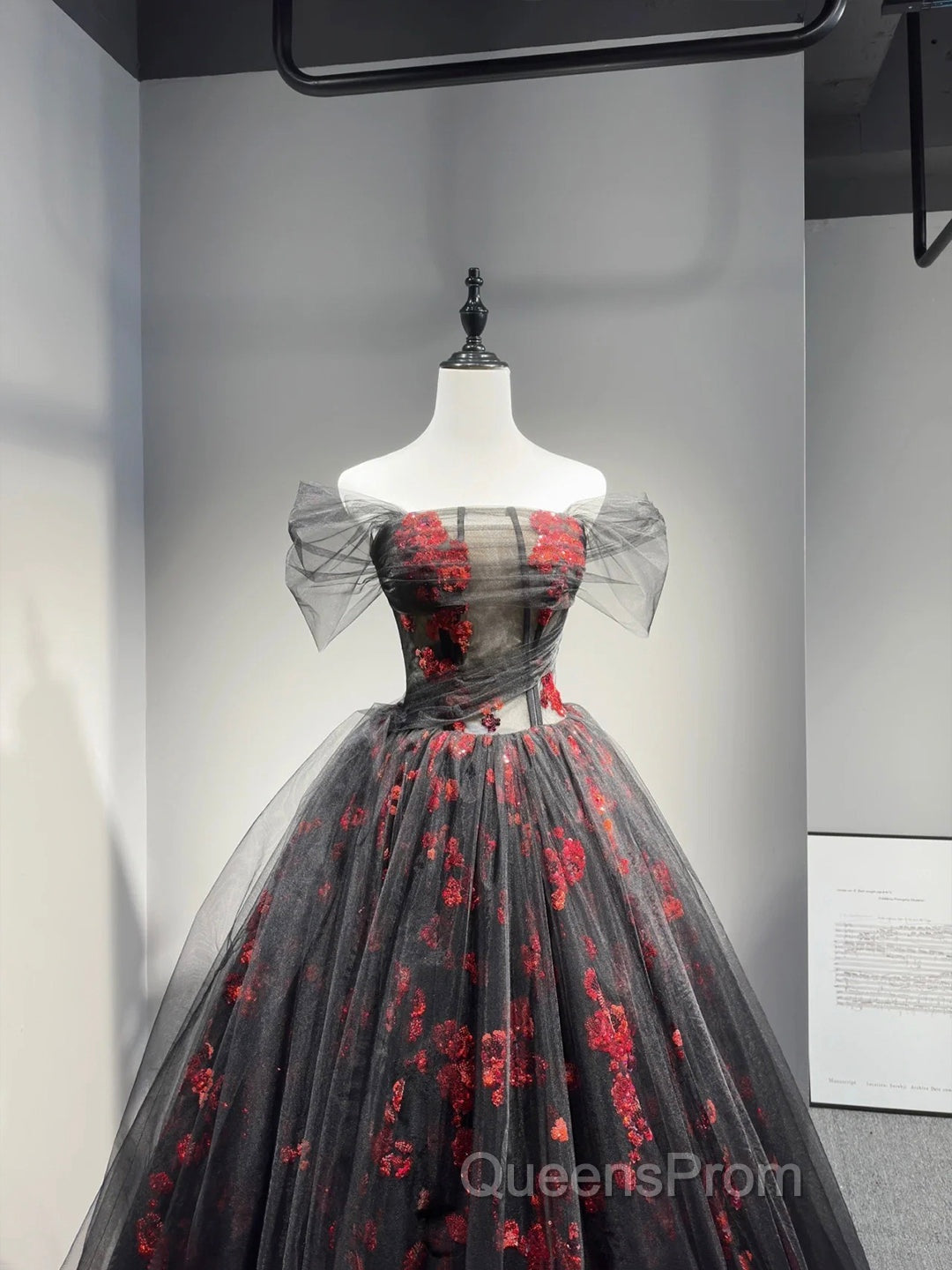 Black Tulle And Red Sequins Floor Length Evening Prom Dress, Off The Shoulder Evening Party Dress Secondary image
