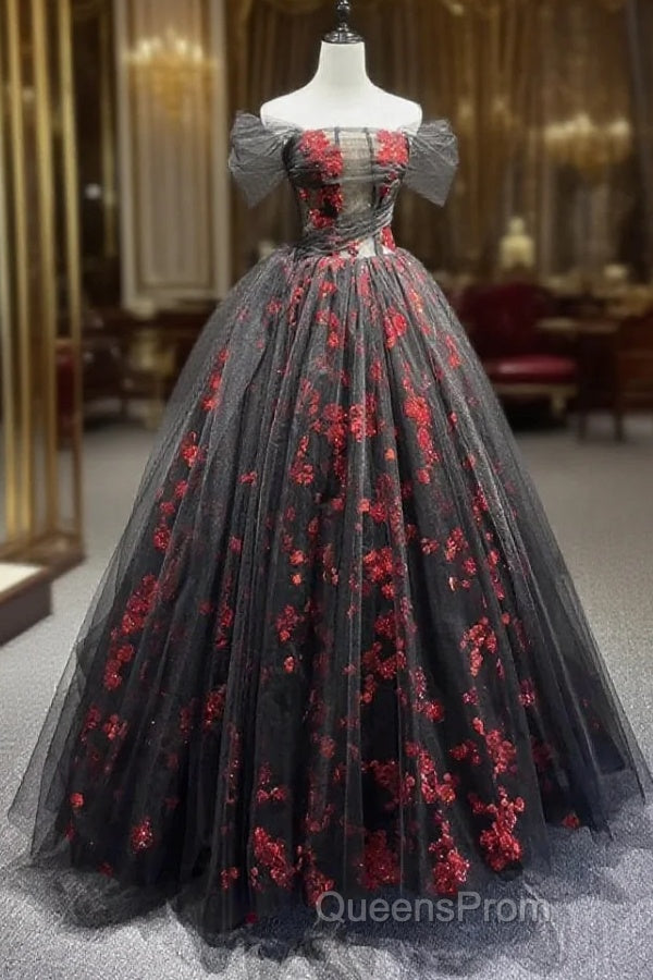 Black Tulle And Red Sequins Floor Length Evening Prom Dress, Off The Shoulder Evening Party Dress Main image