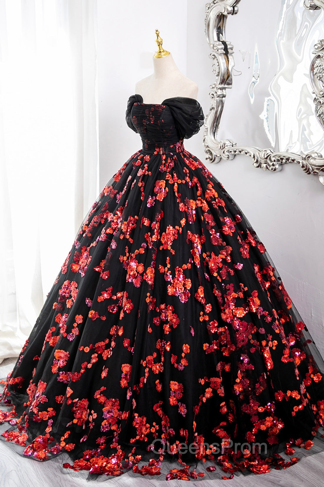 Black Tulle And Red Sequins Long Evening Dress, Off The Shoulder Evening Dress Secondary image