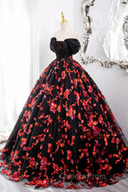 Black Tulle And Red Sequins Long Evening Dress, Off The Shoulder Evening Dress