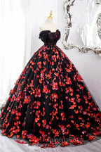 Black Tulle And Red Sequins Long Evening Dress, Off The Shoulder Evening Dress