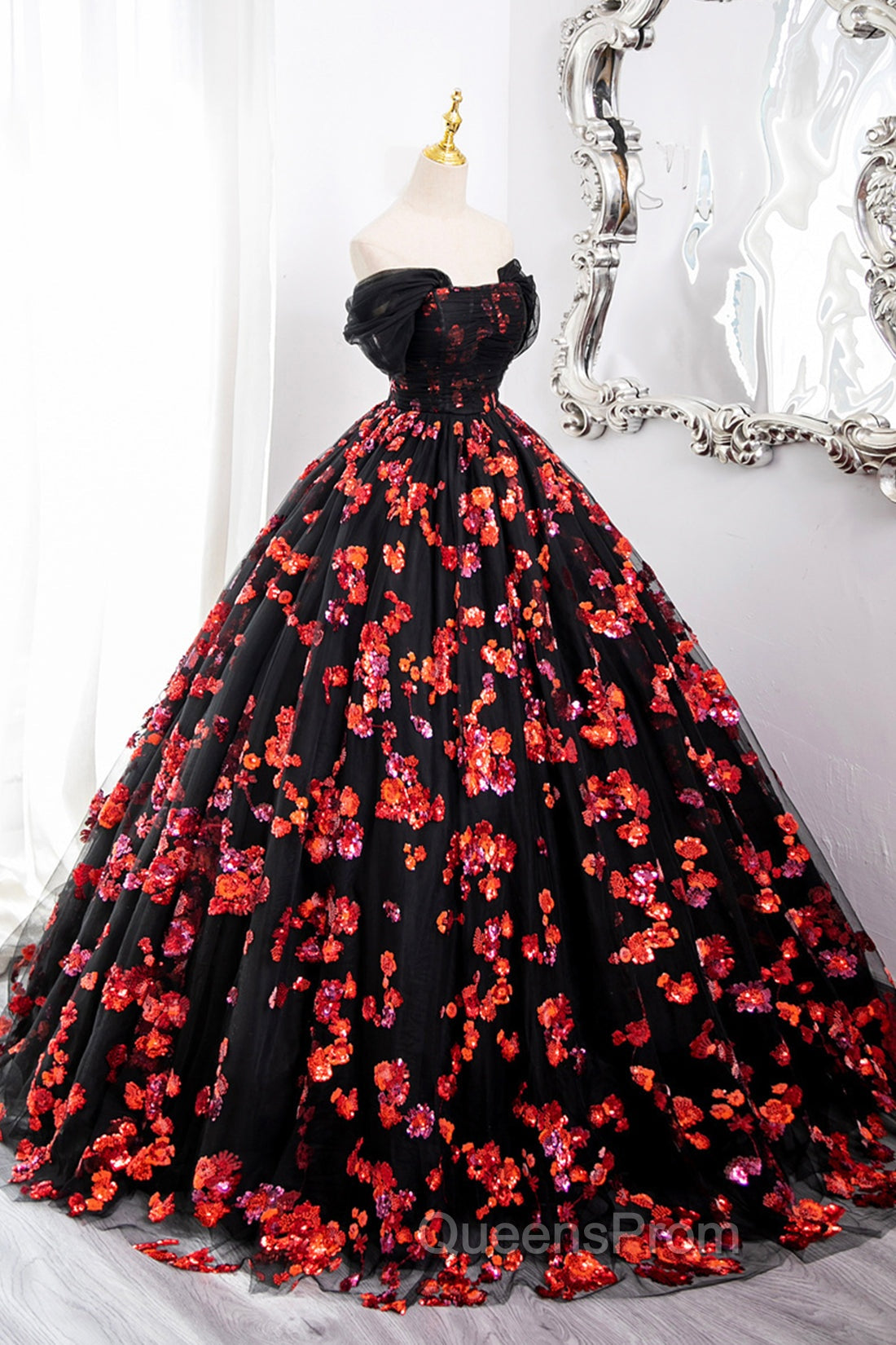 Black Tulle And Red Sequins Long Evening Dress, Off The Shoulder Evening Dress