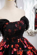 Black Tulle And Red Sequins Long Evening Dress, Off The Shoulder Evening Dress