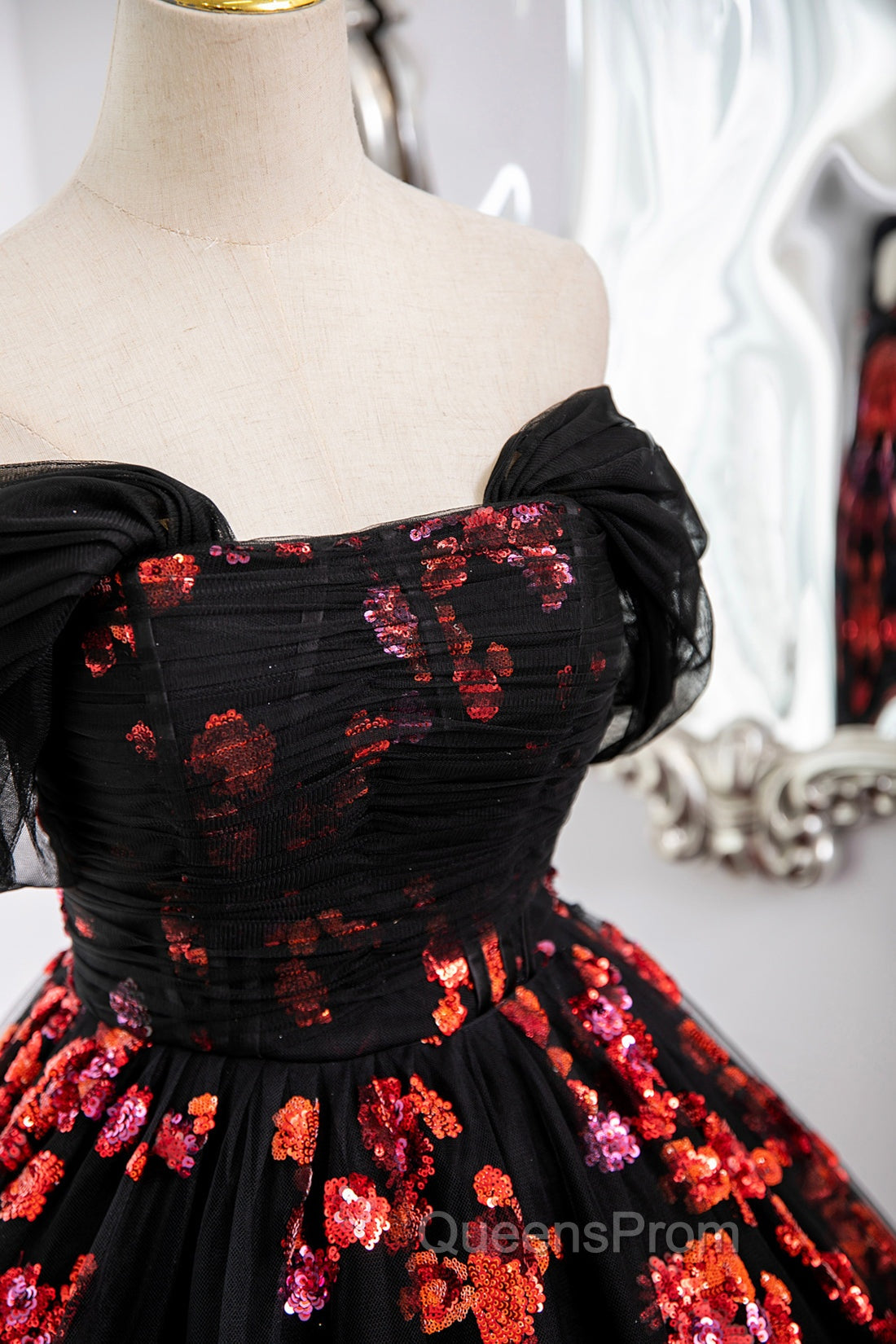 Black Tulle And Red Sequins Long Evening Dress, Off The Shoulder Evening Dress