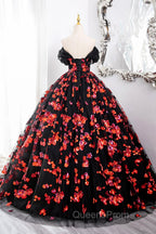 Black Tulle And Red Sequins Long Evening Dress, Off The Shoulder Evening Dress