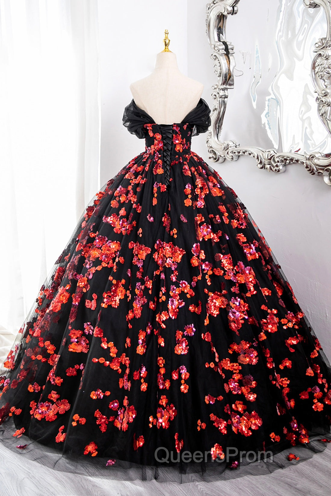 Black Tulle And Red Sequins Long Evening Dress, Off The Shoulder Evening Dress