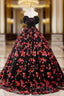 Black Tulle And Red Sequins Long Evening Dress, Off The Shoulder Evening Dress