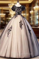 Black Tulle Appliques Puff Sleeve Quinceanera Dress