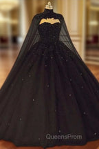 Black Tulle Ball Gown Wedding Party Dress with Cap, Black Lace Evening Gown