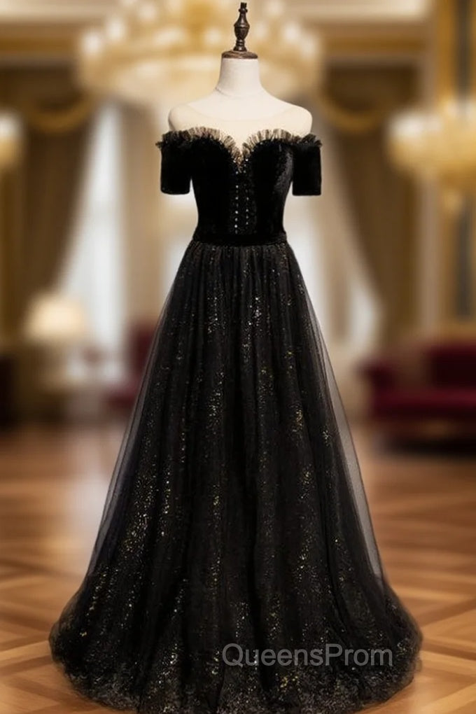 Black Tulle Bateau Short Sleeve Beading Evening Prom Dress Main image