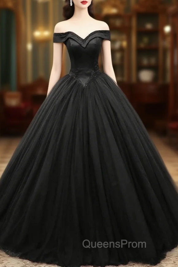 Black Tulle Beaded Long Ball Gown, A-Line Off the Shoulder Evening Gown Main image