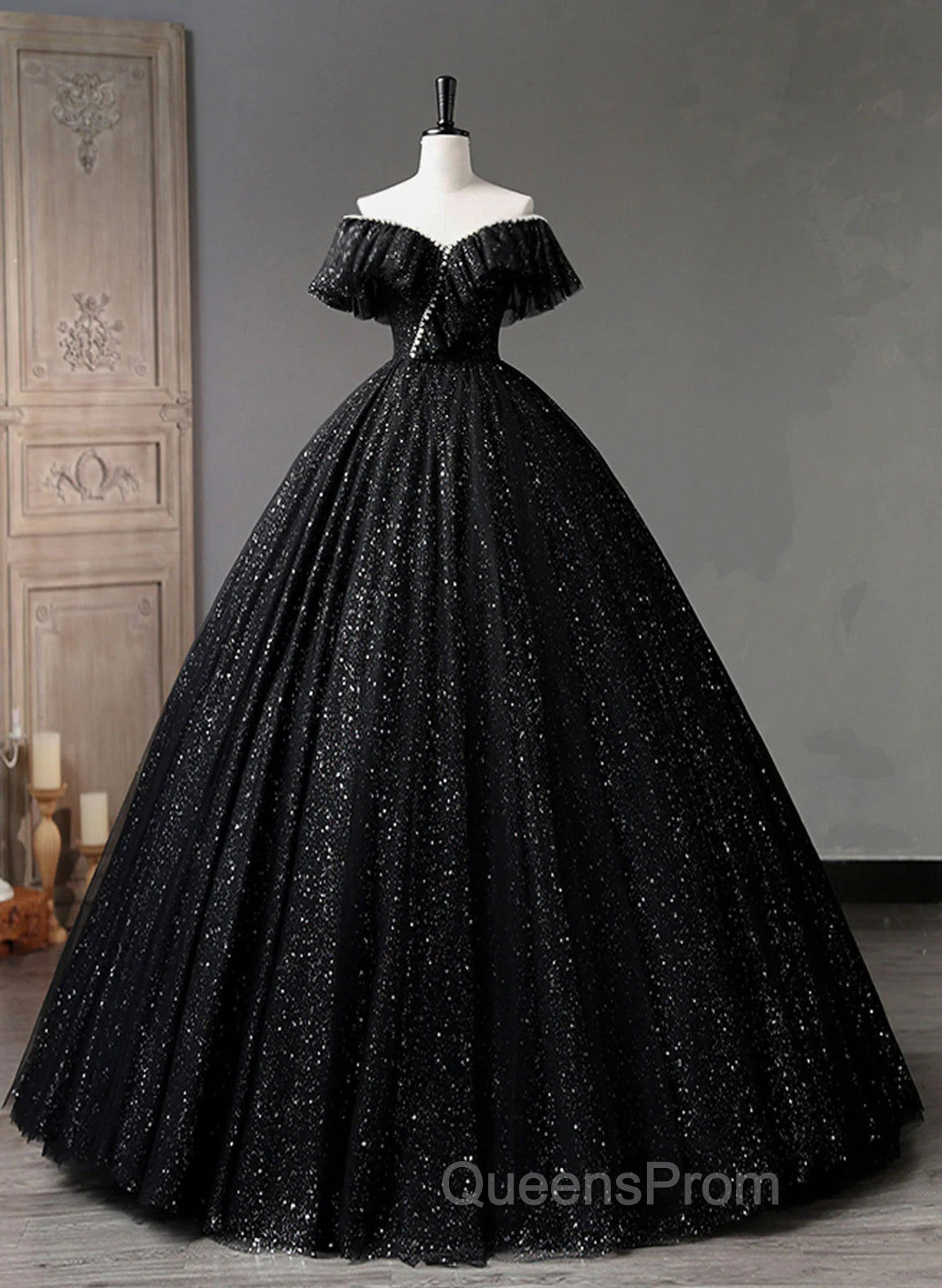 Black Tulle Beaded Long Evening Gown, Black Tulle A-line Evening Prom Dress