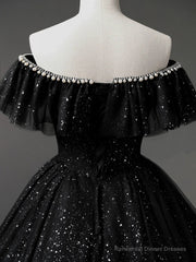 Black Tulle Beaded Long Formal Gown, Black Tulle A-line Prom Dress