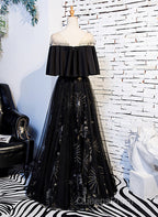 Black Tulle Beaded Long Party Dress, A-Line Black Formal Dress Evening Prom Dress