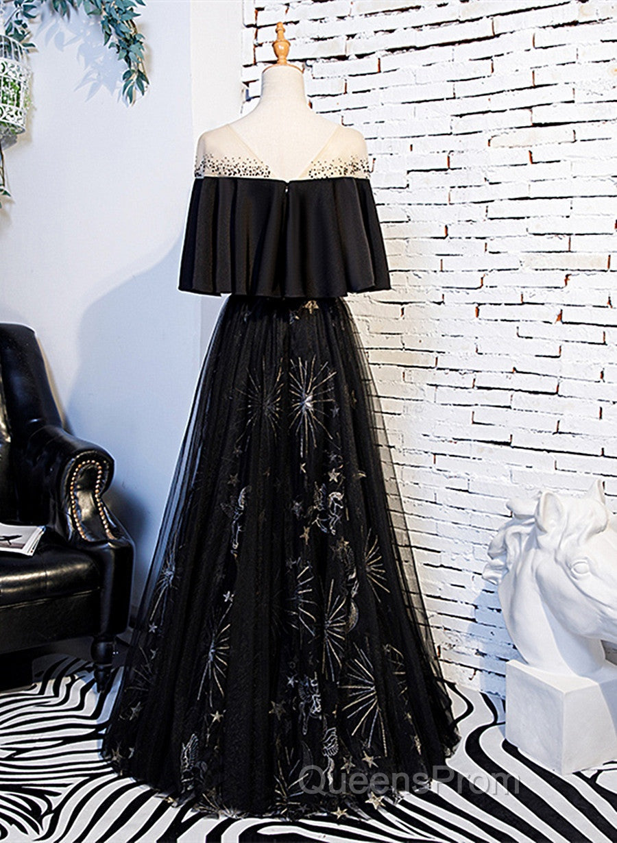 Black Tulle Beaded Long Party Dress, A-Line Black Formal Dress Evening Prom Dress
