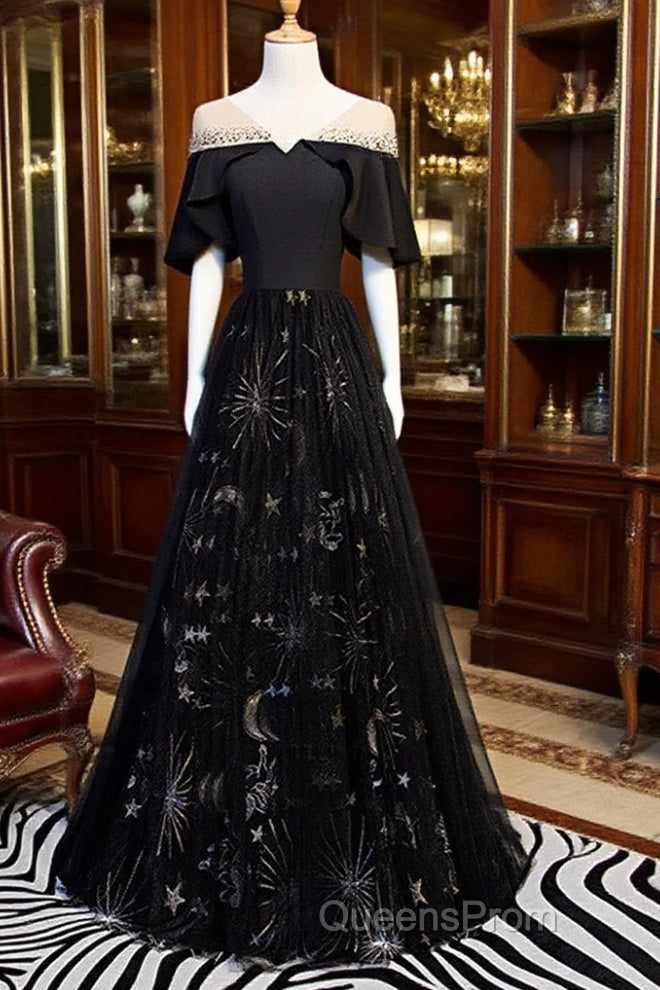 Black Tulle Beaded Long Party Dress, A-Line Black Formal Dress Evening Prom Dress Main image