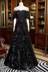 Black Tulle Beaded Long Party Dress, A-Line Black Formal Dress Evening Prom Dress