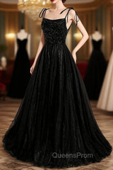 Black Tulle Beaded Long Evening Prom Dress, A-Line Spaghetti Straps Evening Dress