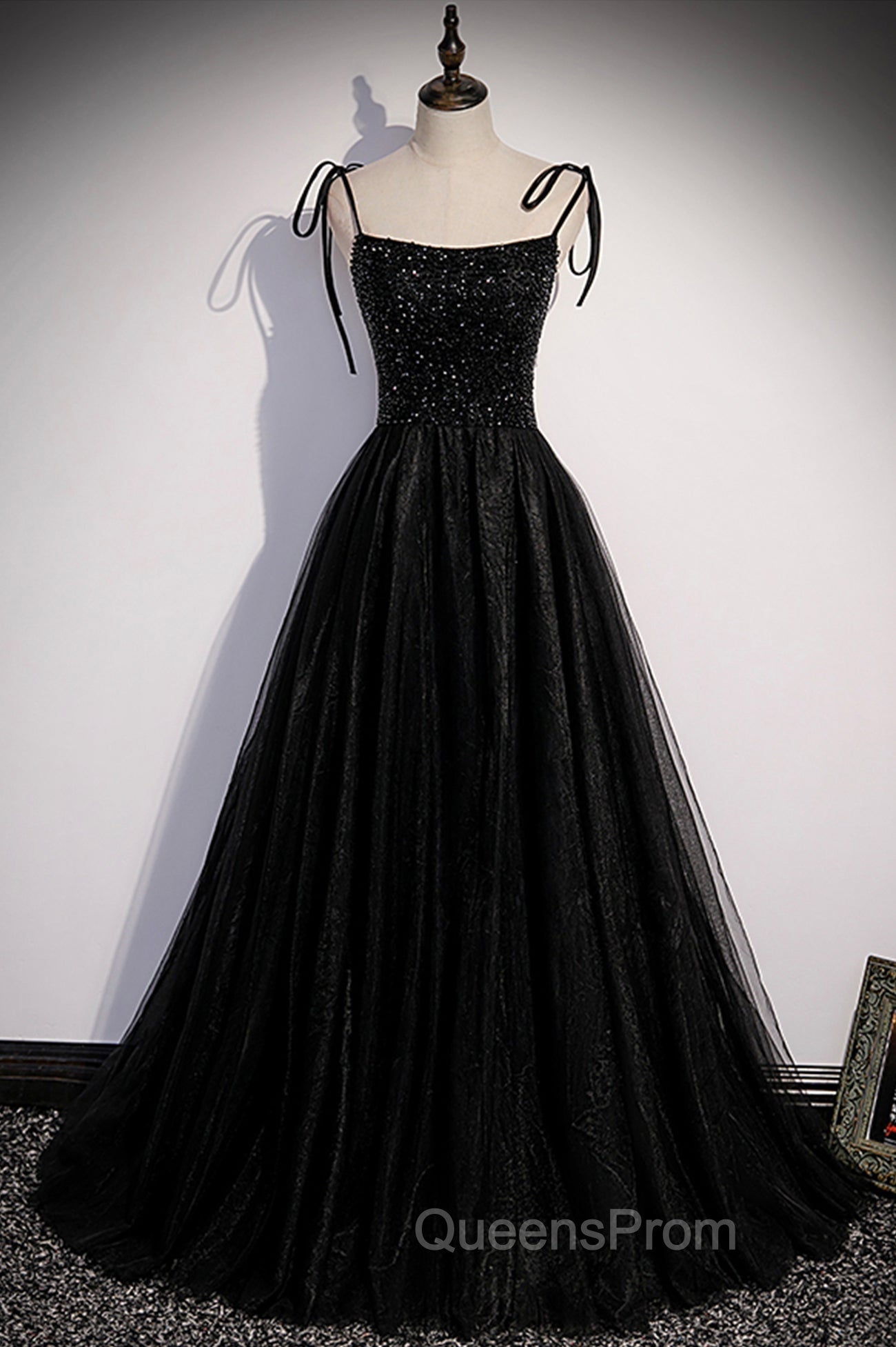 Black Tulle Beaded Long Evening Prom Dress, A-Line Spaghetti Straps Evening Dress