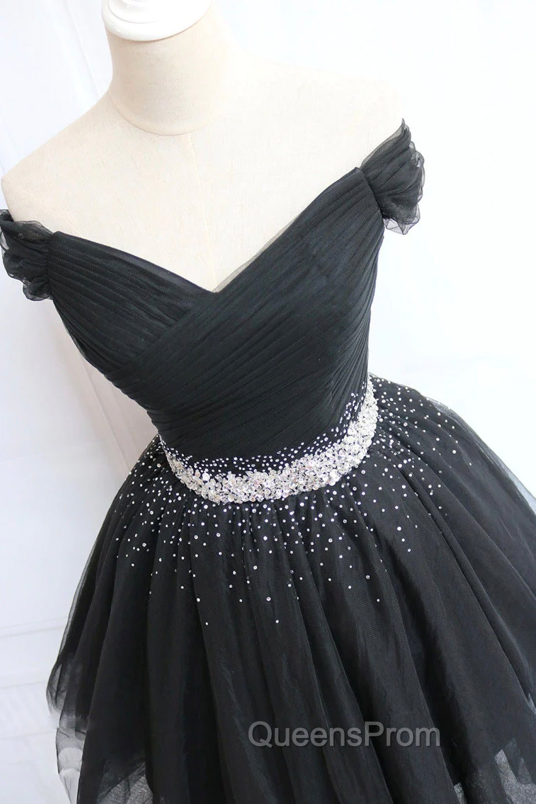 Black Tulle Beaded Short Evening Prom Dress, Off Shoulder Evening Party Dress Secondary image