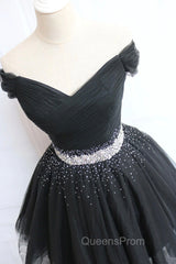 Black Tulle Beaded Short Evening Prom Dress, Off Shoulder Evening Party Dress