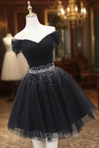 Black Tulle Beaded Short Evening Prom Dress, Off Shoulder Evening Party Dress