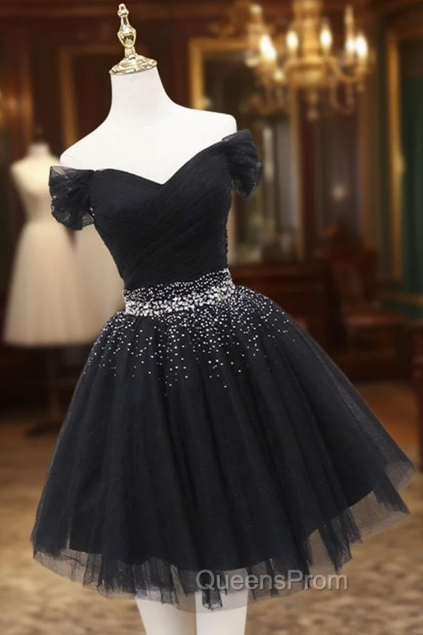 Black Tulle Beaded Short Evening Prom Dress, Off Shoulder Evening Party Dress