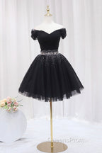 Black Tulle Beaded Short Evening Prom Dress, Off Shoulder Evening Party Dress