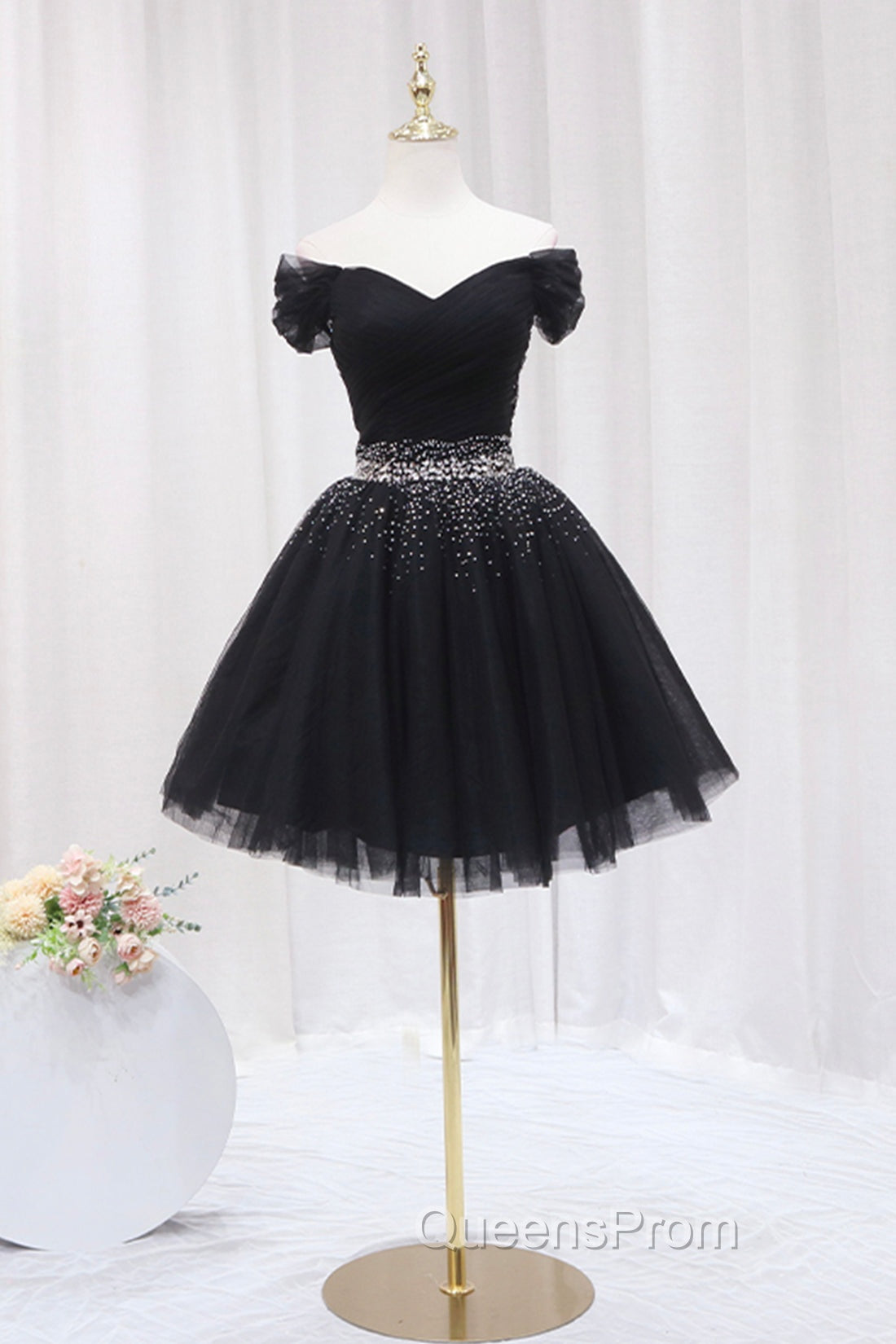 Black Tulle Beaded Short Evening Prom Dress, Off Shoulder Evening Party Dress