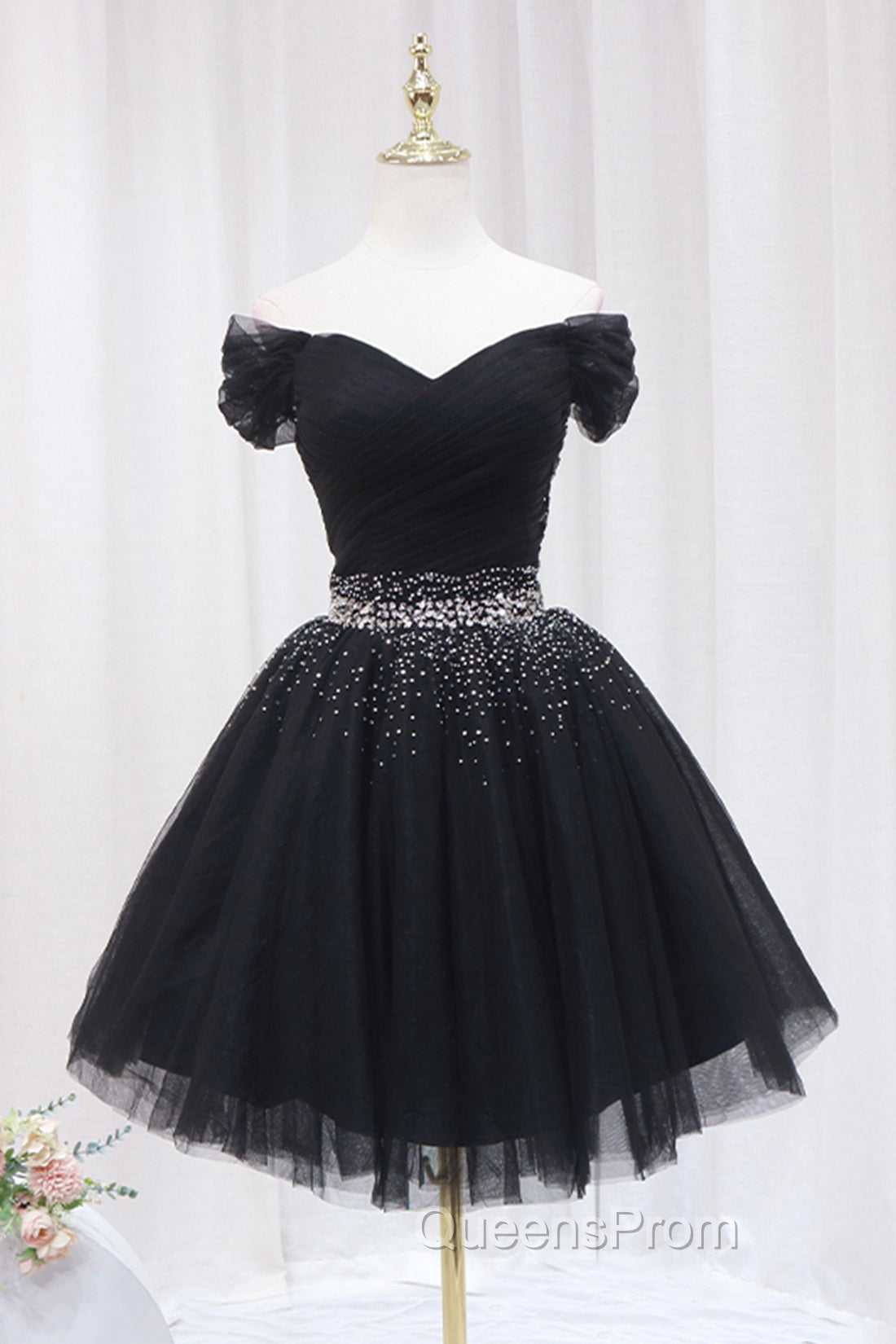 Black Tulle Beaded Short Evening Prom Dress, Off Shoulder Evening Party Dress Main image