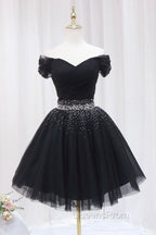 Black Tulle Beaded Short Evening Prom Dress, Off Shoulder Evening Party Dress