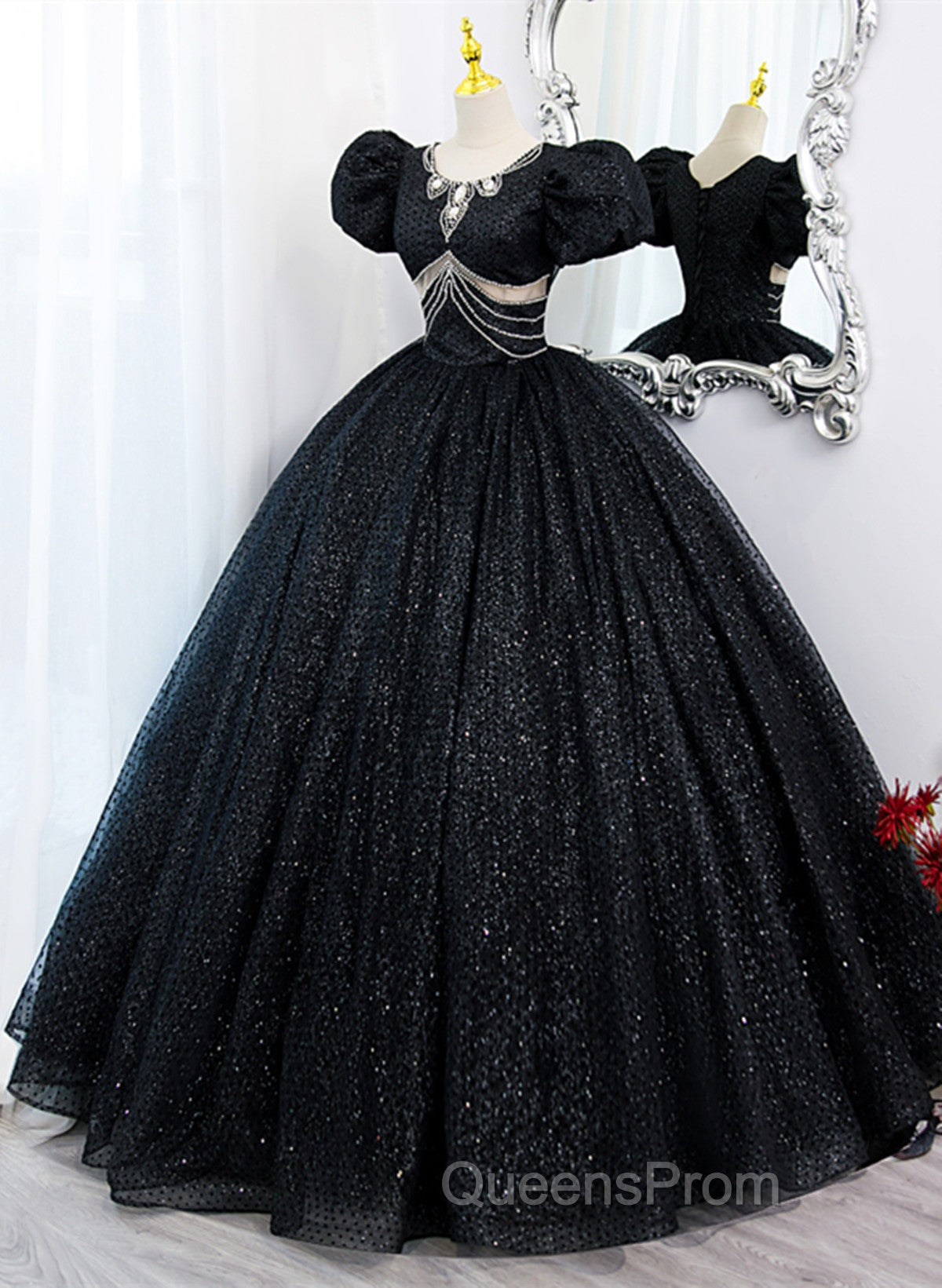 Black Tulle Beaded Short Sleeves Evening Prom Dress, Black Tulle Evening Dress Secondary image