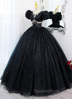 Black Tulle Beaded Short Sleeves Evening Prom Dress, Black Tulle Evening Dress