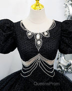 Black Tulle Beaded Short Sleeves Evening Prom Dress, Black Tulle Evening Dress