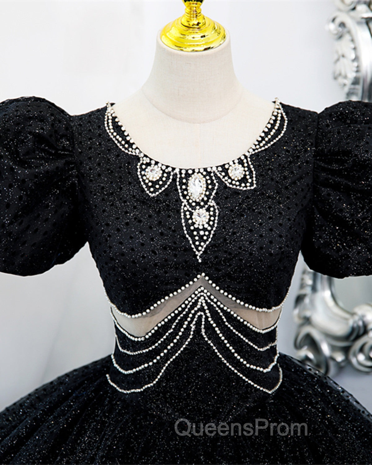Black Tulle Beaded Short Sleeves Evening Prom Dress, Black Tulle Evening Dress