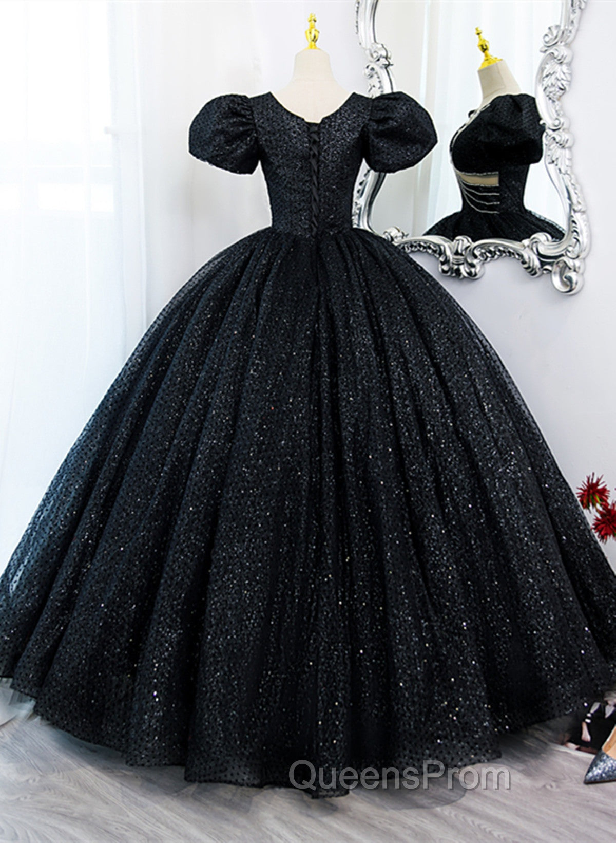 Black Tulle Beaded Short Sleeves Evening Prom Dress, Black Tulle Evening Dress