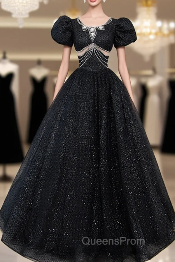Black Tulle Beaded Short Sleeves Evening Prom Dress, Black Tulle Evening Dress Main image
