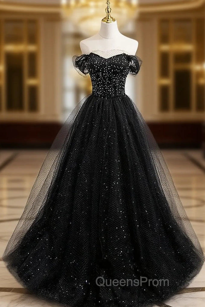 Black Tulle Beading Off the Shoulder Evening Prom Dress