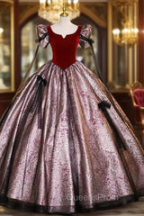 Black Tulle Burgundy Velvet Puff Sleeve Quinceanera Dress