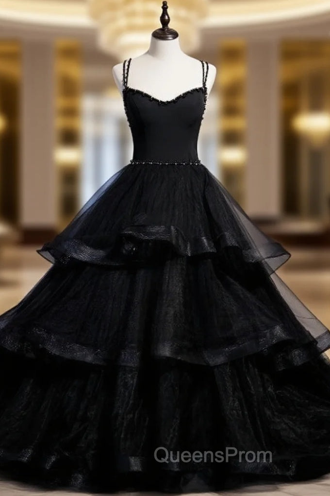 Black Tulle Double Straps Beading Evening Prom Dress